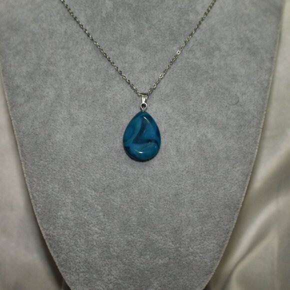 Jewelry - Blue Teardrop Stone Pendant Necklace – Polished Natural Look, Silver Chain
